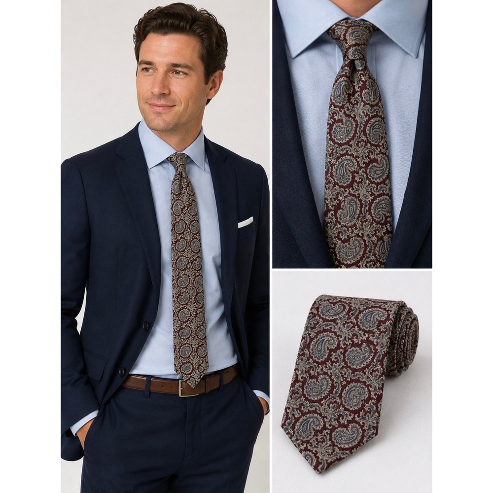 Resilio Mens Paisley Silk Tie Burgundy Navy Blue Tan Formal Necktie Classic